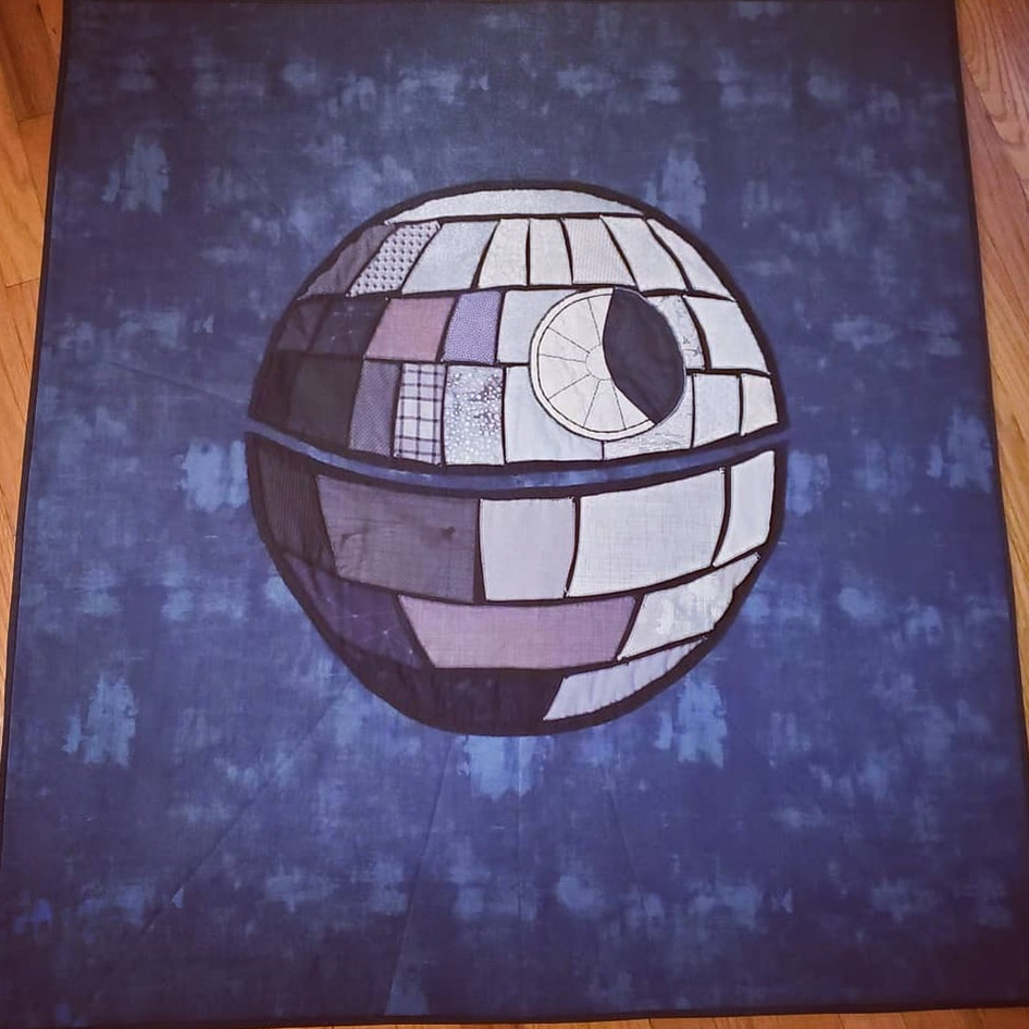 quilted Death Star on blue background